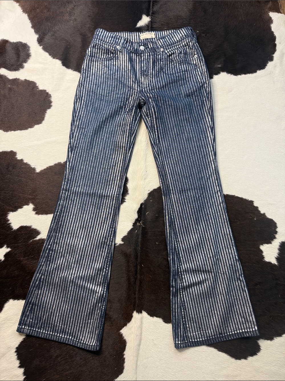 We The Free Navy & White Vertical Stripe Flare Jeans